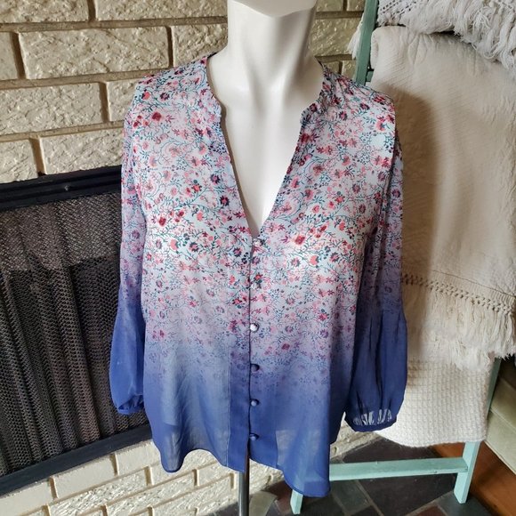 Ecru Blue Light, Airy Boho Floral Chiffon Poet Sleeve Ombre Blouse/Top XS/S - Picture 2 of 9